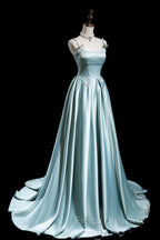 Cute Satin Long A-Line Formal Prom Dress, Ice Blue Spaghetti Straps Evening Dress