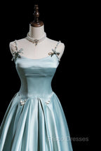 Cute Satin Long A-Line Formal Prom Dress, Ice Blue Spaghetti Straps Evening Dress