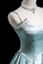 Cute Satin Long A-Line Formal Prom Dress, Ice Blue Spaghetti Straps Evening Dress