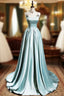 Cute Satin Long A-Line Formal Prom Dress, Ice Blue Spaghetti Straps Evening Dress