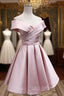 Cute Satin Pink Sweetheart Off Shoulder Knee Length Party Dress, Short Formal Prom Dress