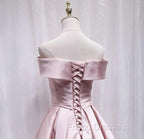 Cute Satin Pink Sweetheart Off Shoulder Knee Length Party Dress, Short Formal Prom Dress