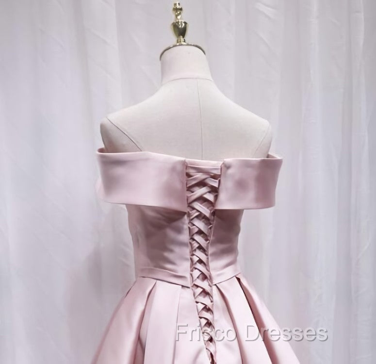 Cute Satin Pink Sweetheart Off Shoulder Knee Length Party Dress, Short Formal Prom Dress
