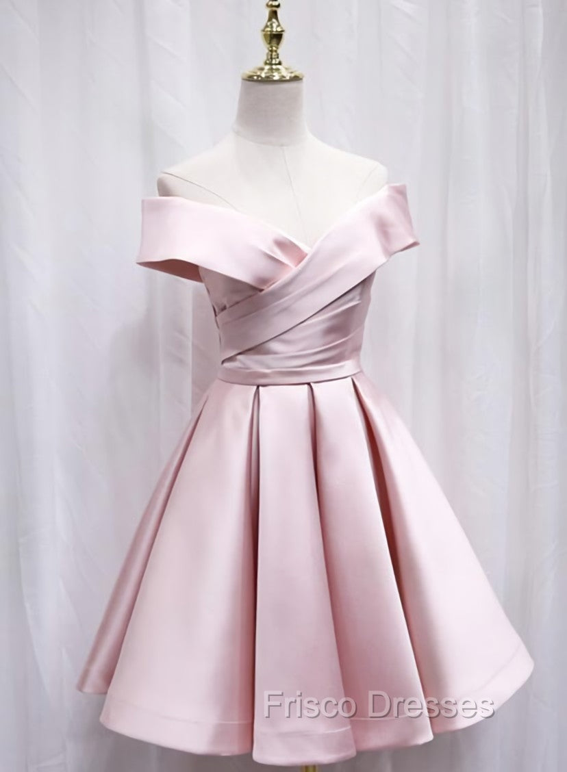 Cute Satin Pink Sweetheart Off Shoulder Knee Length Party Dress, Short Formal Prom Dress Main image
