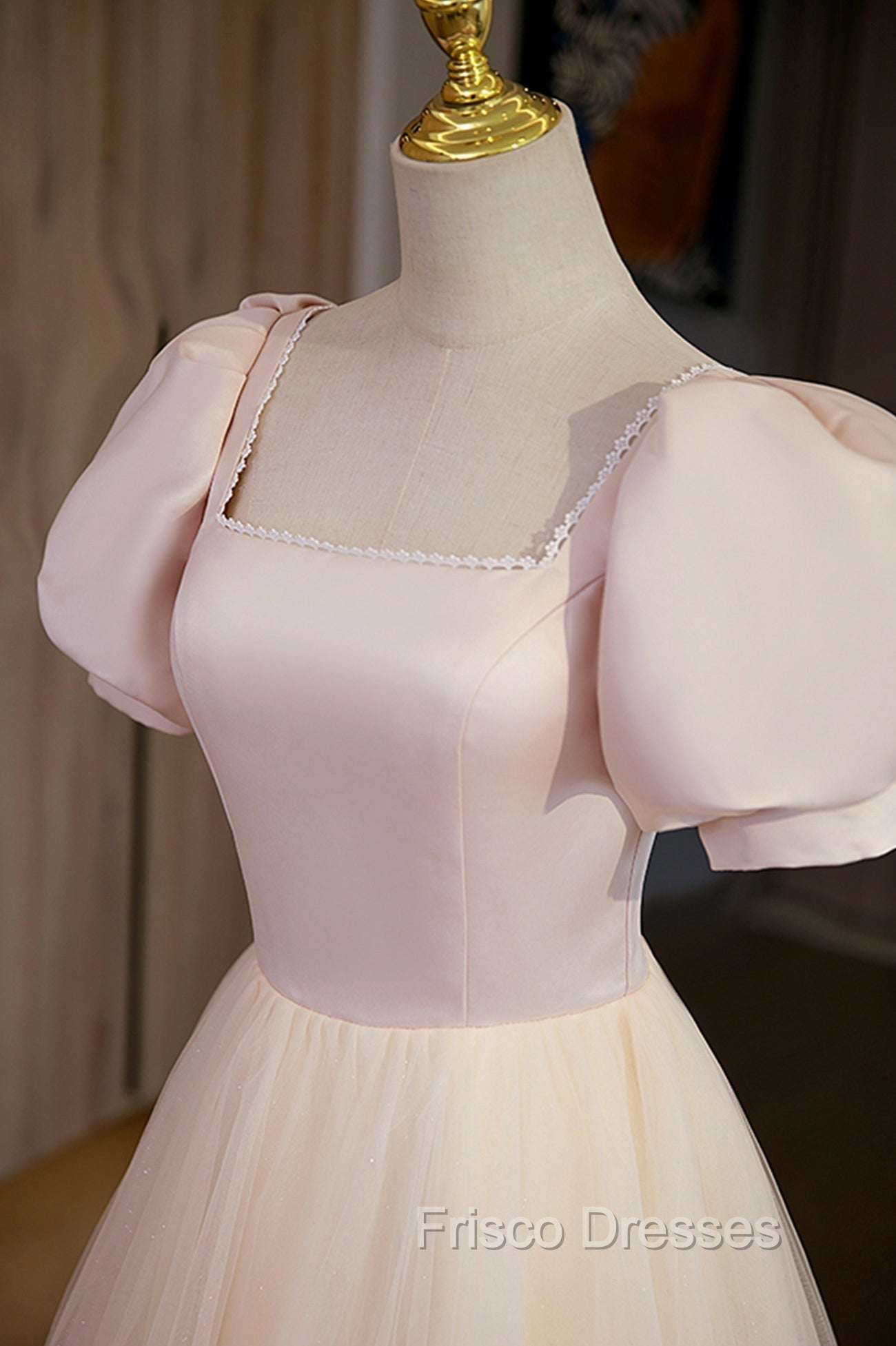 Cute Satin Tulle Long Formal Prom Dress, A-Line Short Sleeve Evening Dress Secondary image