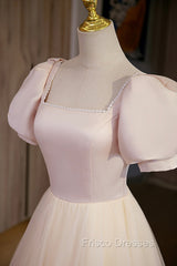 Cute Satin Tulle Long Formal Prom Dress, A-Line Short Sleeve Evening Dress