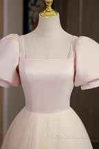 Cute Satin Tulle Long Formal Prom Dress, A-Line Short Sleeve Evening Dress