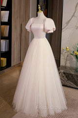 Cute Satin Tulle Long Formal Prom Dress, A-Line Short Sleeve Evening Dress