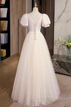 Cute Satin Tulle Long Formal Prom Dress, A-Line Short Sleeve Evening Dress