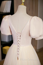 Cute Satin Tulle Long Formal Prom Dress, A-Line Short Sleeve Evening Dress