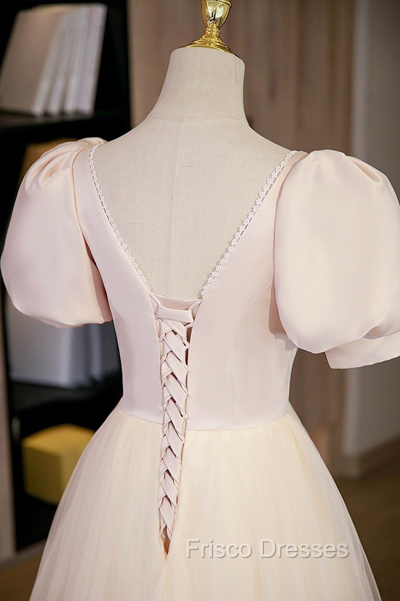 Cute Satin Tulle Long Formal Prom Dress, A-Line Short Sleeve Evening Dress
