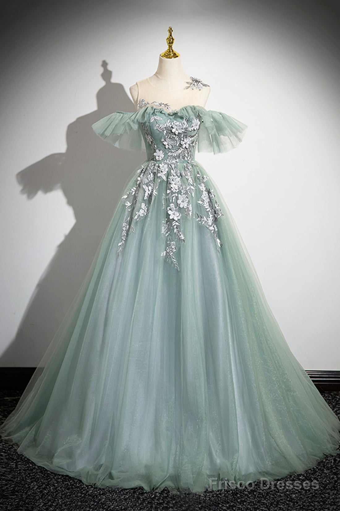 Cute Scoop Neckline Tulle Long Prom Dress With Lace, A-Line Off The Shoulder Evening Party Dress Main image