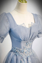 Cute Shiny Tulle Long Formal Prom Dress, A-Line Short Sleeve Evening Party Dress