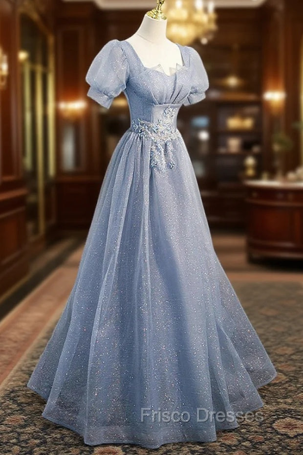 Cute Shiny Tulle Long Formal Prom Dress, A-Line Short Sleeve Evening Party Dress