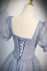 Cute Shiny Tulle Long Formal Prom Dress, A-Line Short Sleeve Evening Party Dress