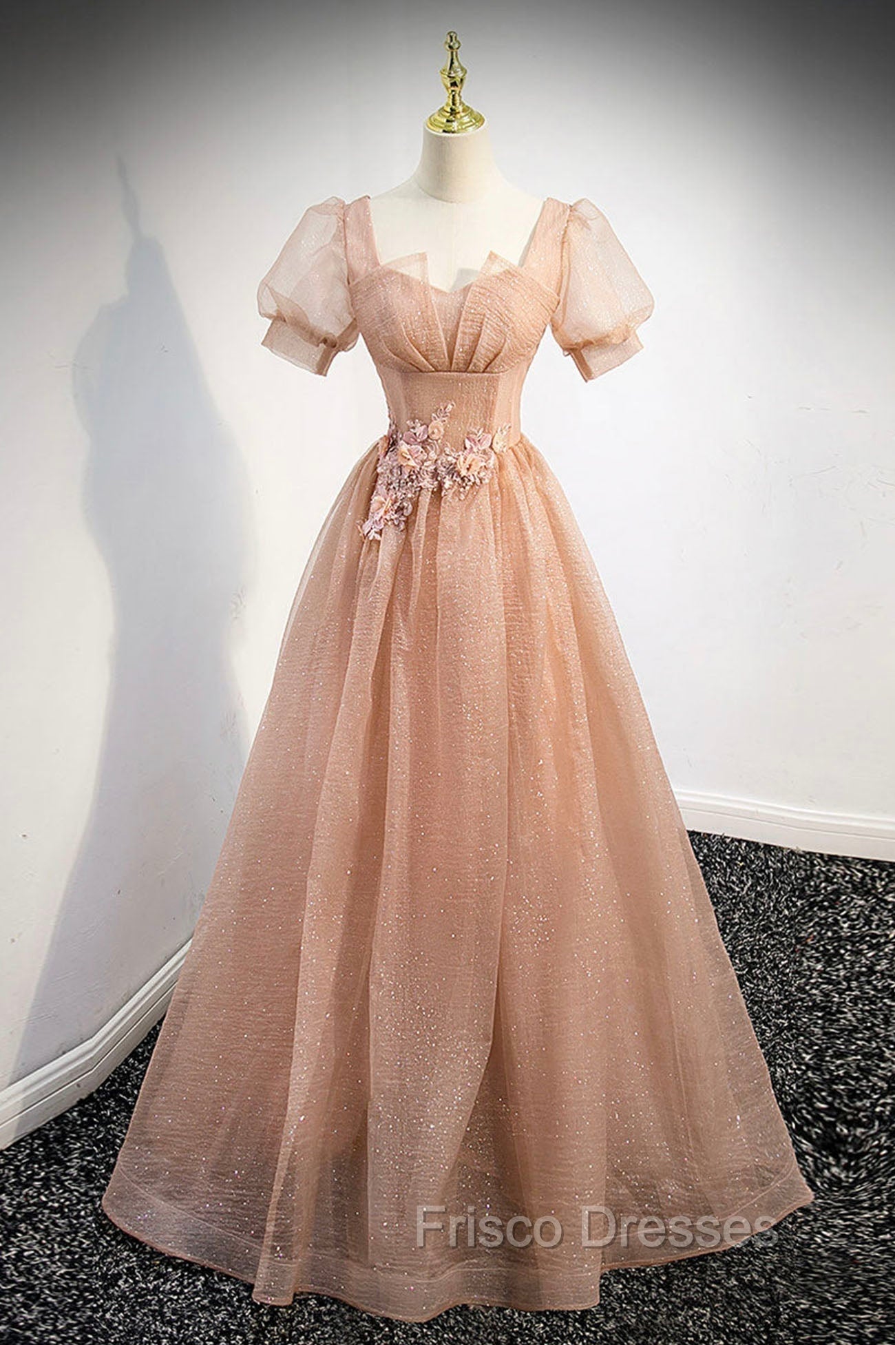 Cute Shiny Tulle Long Formal Prom Dress, A-Line Short Sleeve Evening Party Dress