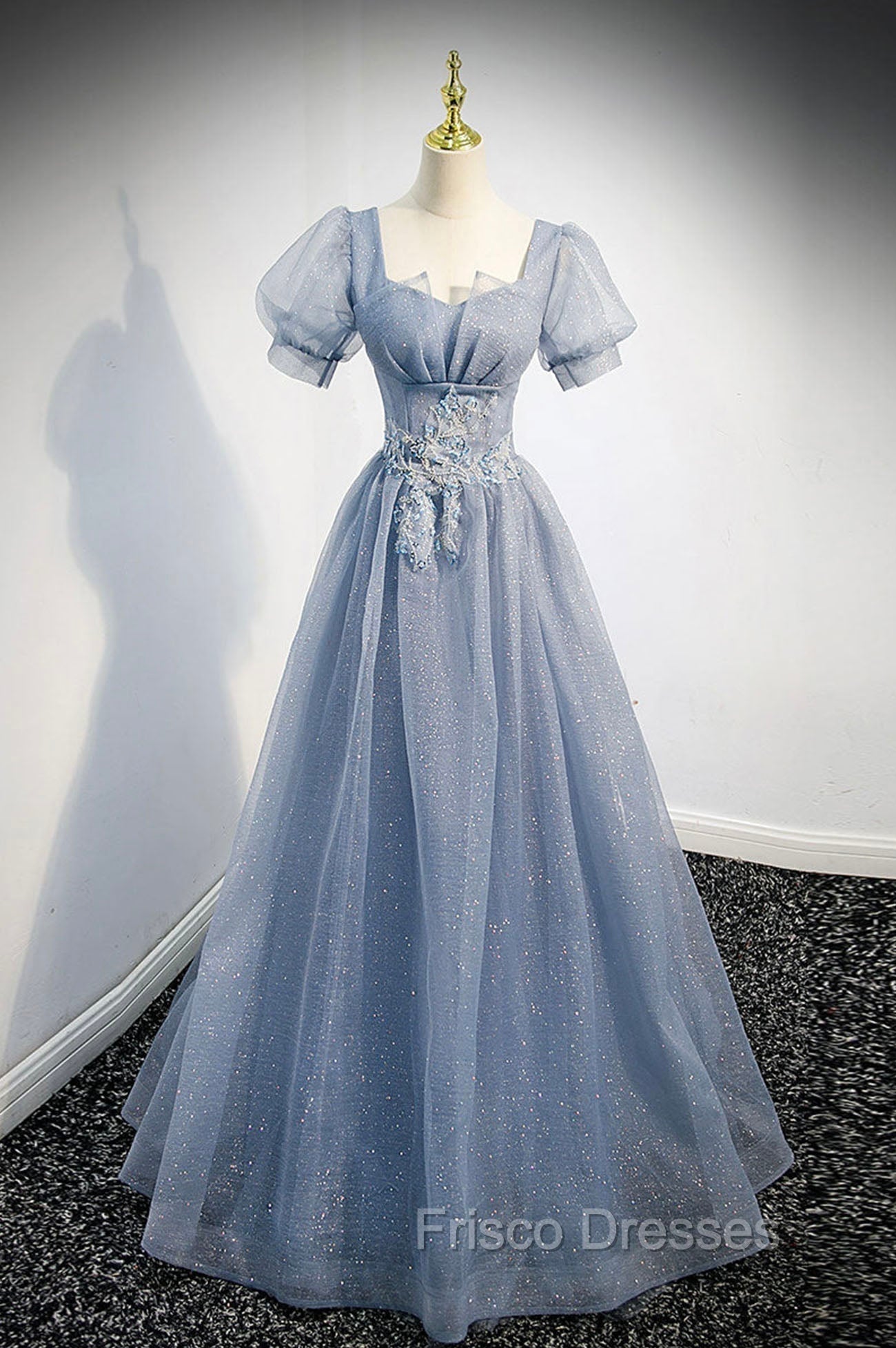 Cute Shiny Tulle Long Formal Prom Dress, A-Line Short Sleeve Evening Party Dress Main image