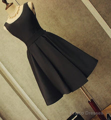 Cute Short Black Satin Knee Length Homecoming Dress, Black Party Dress