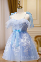 Cute Short Blue Lace Formal Prom Dress, Short Blue Lace Formal Graduation Dress