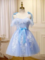 Cute Short Blue Lace Formal Prom Dress, Short Blue Lace Formal Graduation Dress