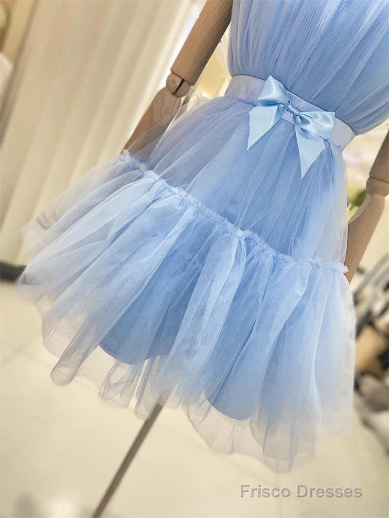 Cute Short Blue Tulle Party Dress With Bow, Lovely Formal Dresses Homecoming Dress