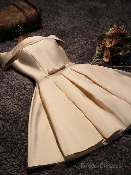 Cute Short Champagne Satin Party Dress,Off Shoulder Prom Dress Main image