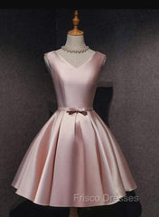 Cute Short Satin Pink V-neckline Knee Length Party Dress, Pink Formal Prom Dress Homecoming Dress