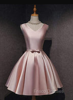 Cute Short Satin Pink V-neckline Knee Length Party Dress, Pink Formal Prom Dress Homecoming Dress