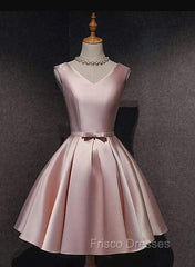 Cute Short Satin Pink V-neckline Knee Length Party Dress, Pink Formal Prom Dress Homecoming Dress