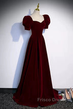 Cute Short Sleeves Burgundy Long Formal Prom Dress
