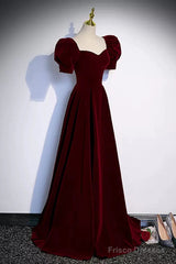 Cute Short Sleeves Burgundy Long Prom Dresses