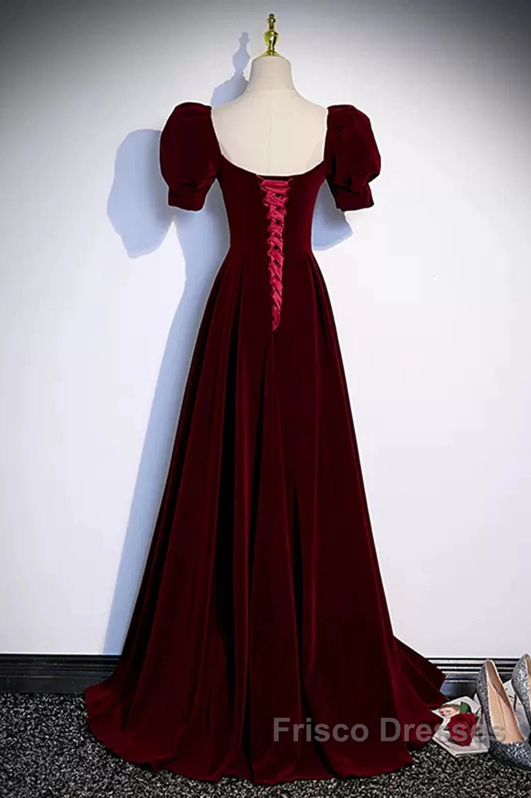 Cute Short Sleeves Burgundy Long Formal Prom Dress