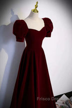 Cute Short Sleeves Burgundy Long Formal Prom Dress