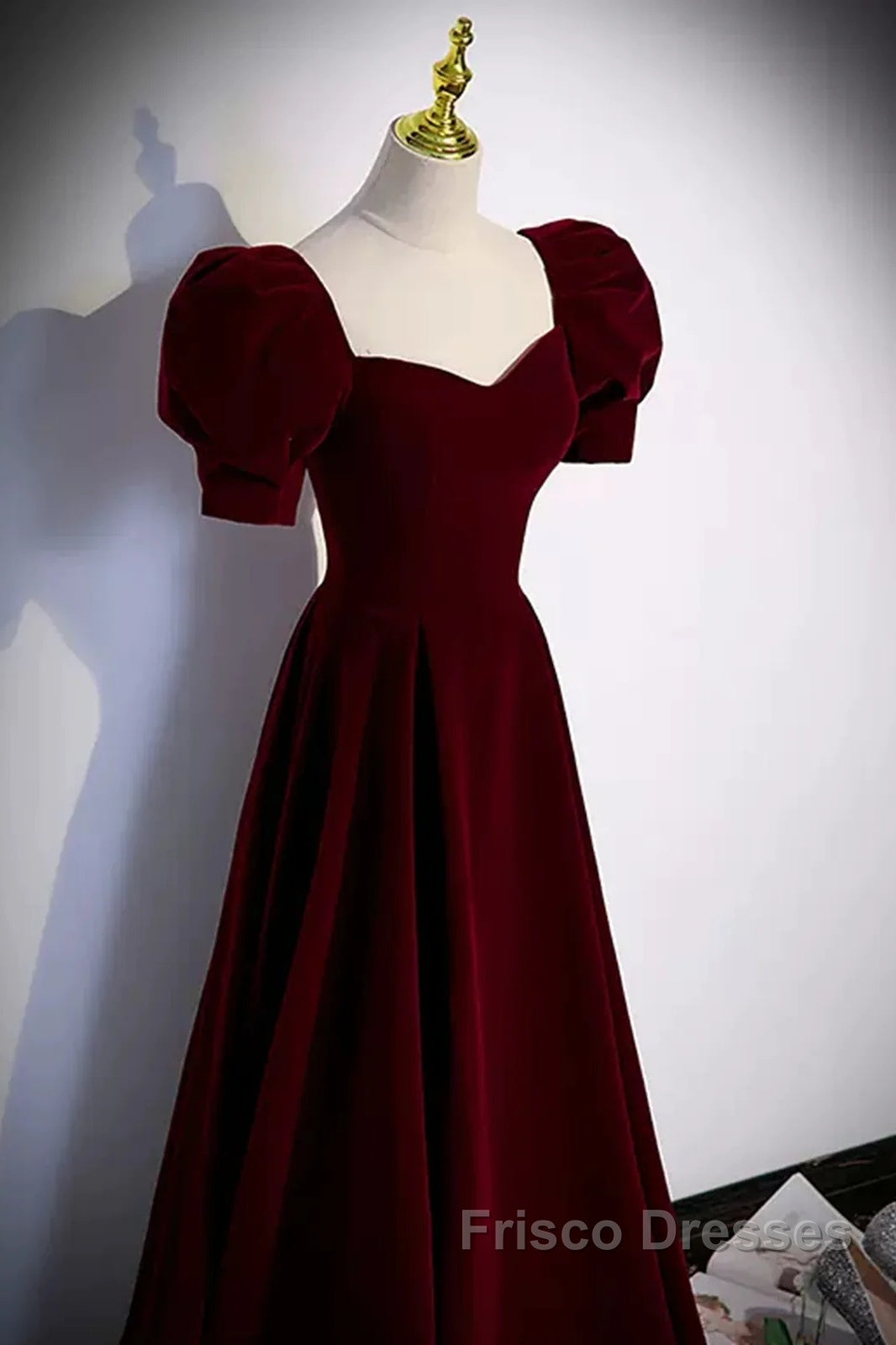 Cute Short Sleeves Burgundy Long Formal Prom Dress