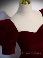 Cute Short Sleeves Burgundy Long Formal Prom Dress
