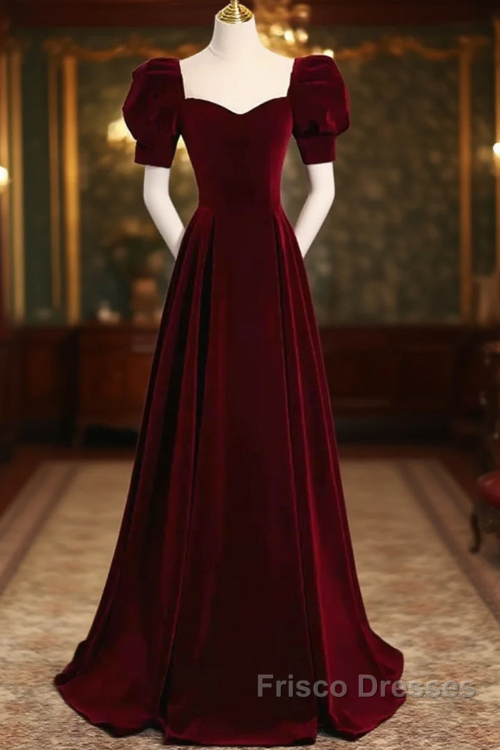 Cute Short Sleeves Burgundy Long Formal Prom Dress