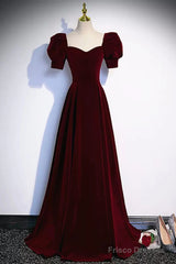 Cute Short Sleeves Burgundy Long Prom Dresses