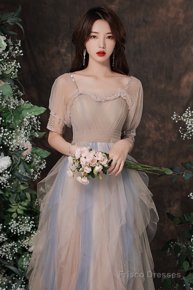 Cute Short Sleeves Layers Tulle Long Party Dress, A-Line Prom Dresses