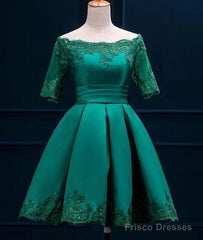 Cute Short Sleeves Satin Knee Length Party Dress, Short Homecoming Dress