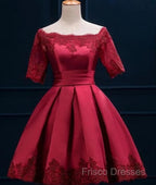 Cute Short Sleeves Satin Knee Length Party Dress, Short Homecoming Dress