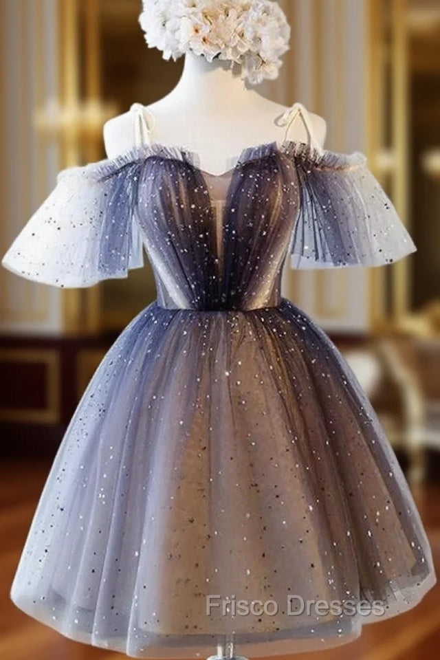 Cute Short Tulle Lace Spaghetti-Straps V-Neck Formal Prom Dress, Homecoming Dress