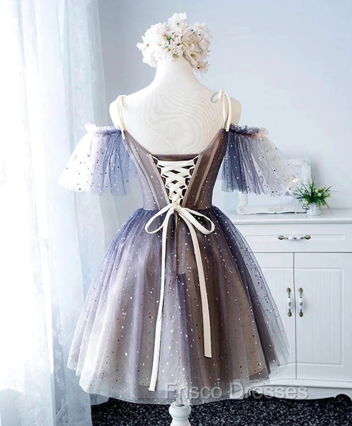 Cute Short Tulle Lace Spaghetti-Straps V-Neck Formal Prom Dress, Homecoming Dress