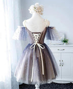 Cute Short Tulle Lace Spaghetti-Straps V-Neck Formal Prom Dress, Homecoming Dress