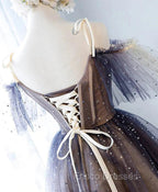 Cute Short Tulle Lace Spaghetti-Straps V-Neck Formal Prom Dress, Homecoming Dress