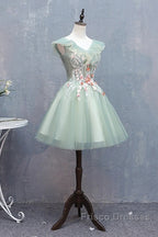 Cute Short Tulle V-Neckline With Flower Lace Party Dress Homecoming Dress, Short Formal Dress