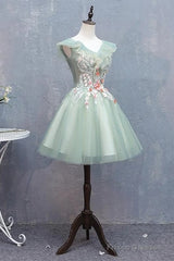 Cute Short Tulle V-Neckline With Flower Lace Party Dress Homecoming Dress, Short Formal Dresses