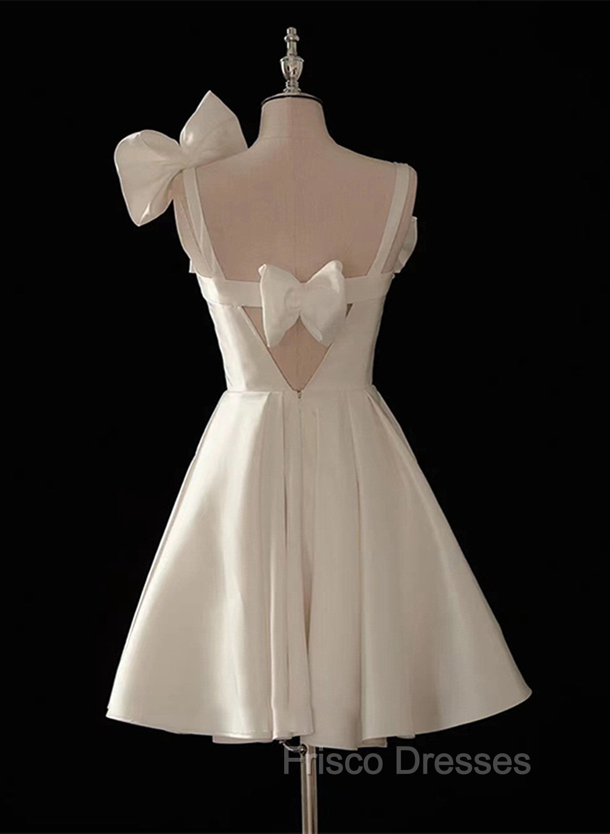 Cute Short White Satin Knee Length Party Dress with Bow, White Graduation Dress Secondary image