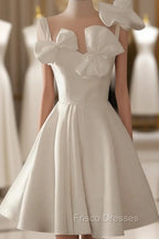 Cute Short White Satin Knee Length Party Dress with Bow, White Graduation Dress