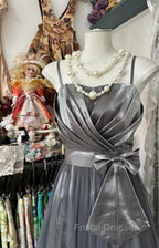Cute Silver Grey A-Line Spaghetti Straps Tulle Satin Long Formal Prom Dress Gorgeous Birthday Dress Evening Dress