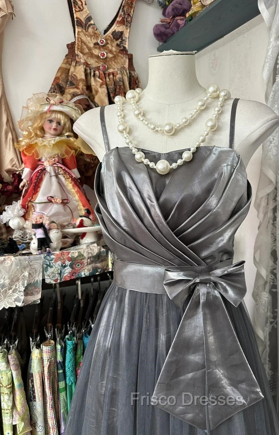 Cute Silver Grey A-Line Spaghetti Straps Tulle Satin Long Formal Prom Dress Gorgeous Birthday Dress Evening Dress